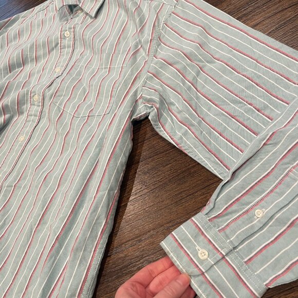 American Eagle Men's Sz M Green Red White Striped Relaxed Fit Shirt - Picture 6 of 13
